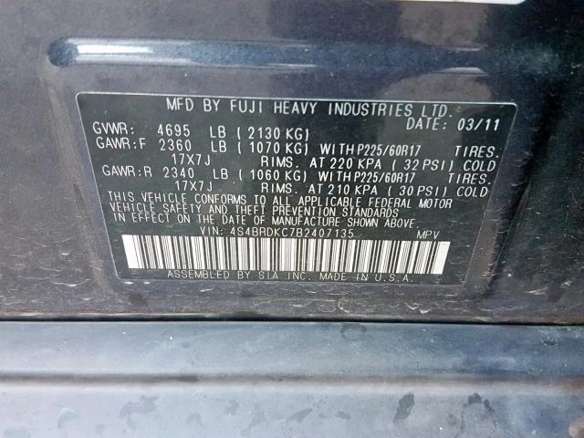 4S4BRDKC7B2407135 - 2011 SUBARU OUTBACK 3. GRAY photo 10