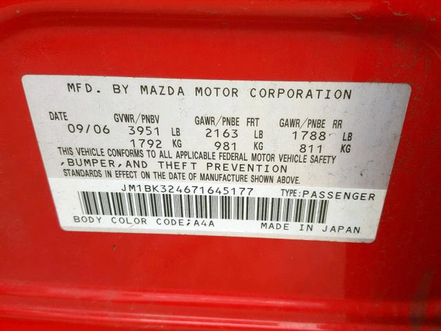 JM1BK324671645177 - 2007 MAZDA 3 S RED photo 10