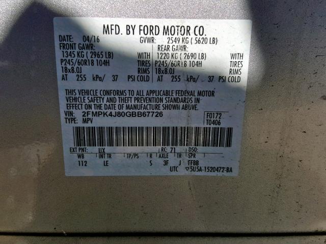 2FMPK4J80GBB67726 - 2016 FORD EDGE SEL SILVER photo 10