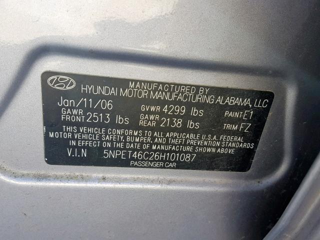 5NPET46C26H101087 - 2006 HYUNDAI SONATA GL GRAY photo 10