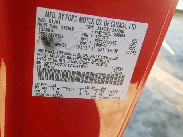 2FTZF07311CA41818 - 2001 FORD F150 SVT L RED photo 10