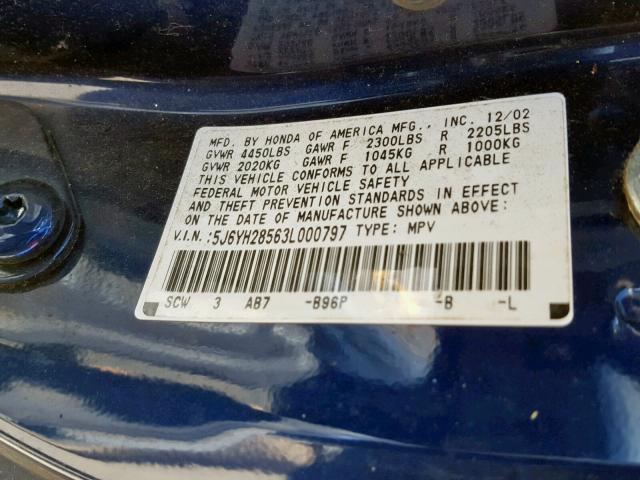 5J6YH28563L000797 - 2003 HONDA ELEMENT EX BLUE photo 10