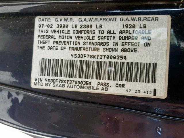 YS3DF78K737000354 - 2003 SAAB 9-3 SE BLUE photo 10