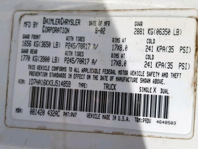 1D7HA16KX3J514859 - 2003 DODGE RAM 1500 S WHITE photo 10