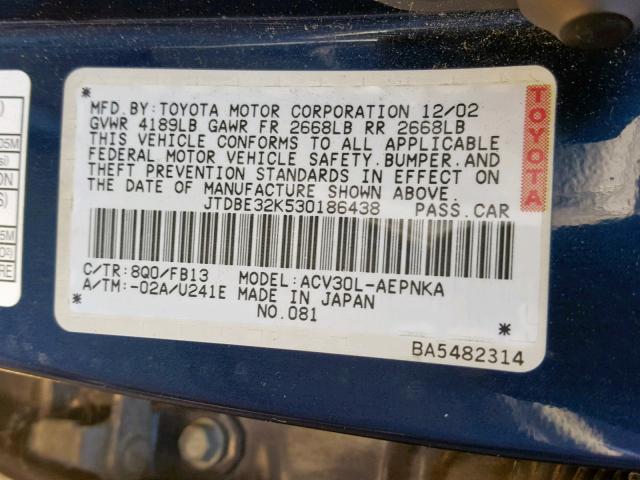 JTDBE32K530186438 - 2003 TOYOTA CAMRY LE BLUE photo 10