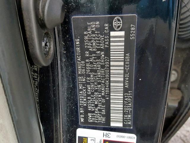 4T1BB46K39U079927 - 2009 TOYOTA CAMRY HYBR BLACK photo 10