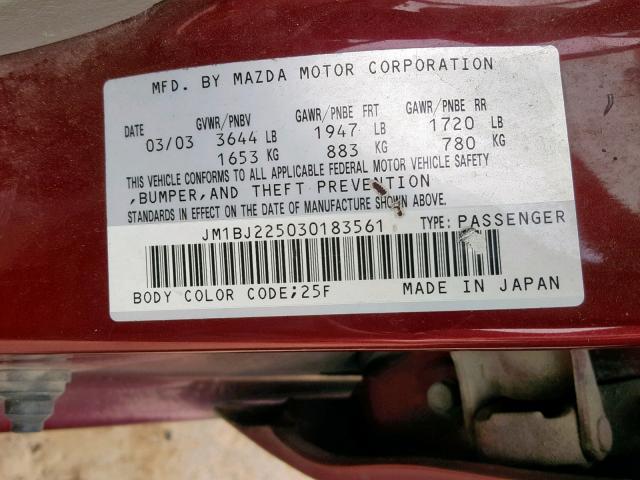 JM1BJ225030183561 - 2003 MAZDA PROTEGE DX RED photo 10