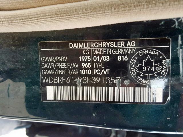 WDBRF61J93F391357 - 2003 MERCEDES-BENZ C 240 GREEN photo 10