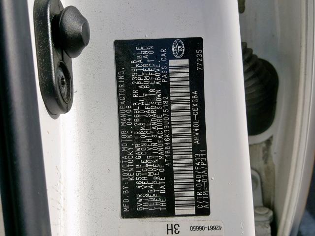 4T1BB46K39U075182 - 2009 TOYOTA CAMRY HYBR WHITE photo 10