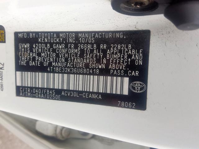 4T1BE32K36U680418 - 2006 TOYOTA CAMRY LE  photo 10