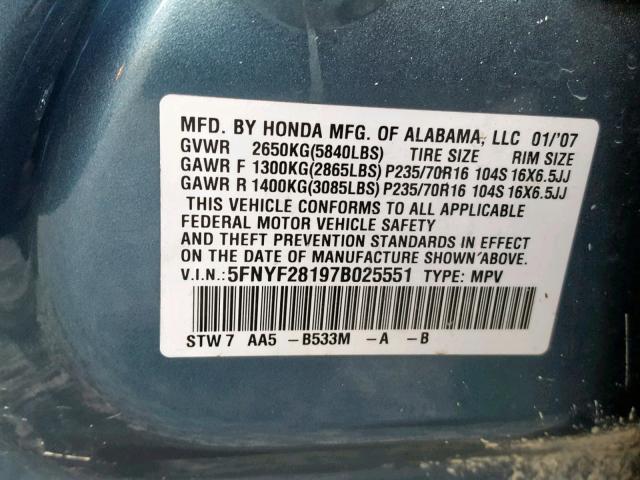 5FNYF28197B025551 - 2007 HONDA PILOT LX BLUE photo 10