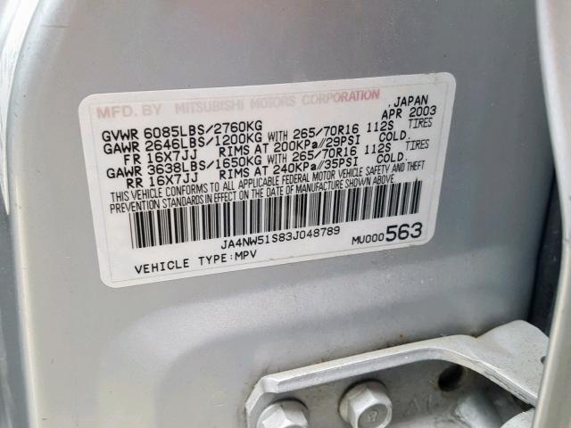 JA4NW51S83J048789 - 2003 MITSUBISHI MONTERO LI SILVER photo 10