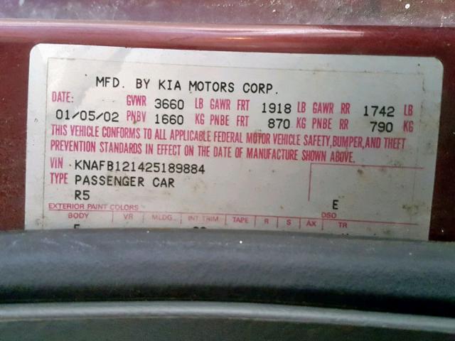 KNAFB121425189884 - 2002 KIA SPECTRA BA BURGUNDY photo 10