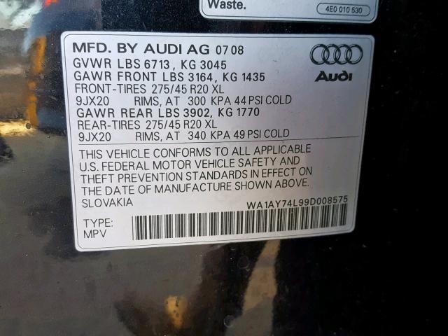 WA1AY74L99D008575 - 2009 AUDI Q7 3.6 QUA BLACK photo 10