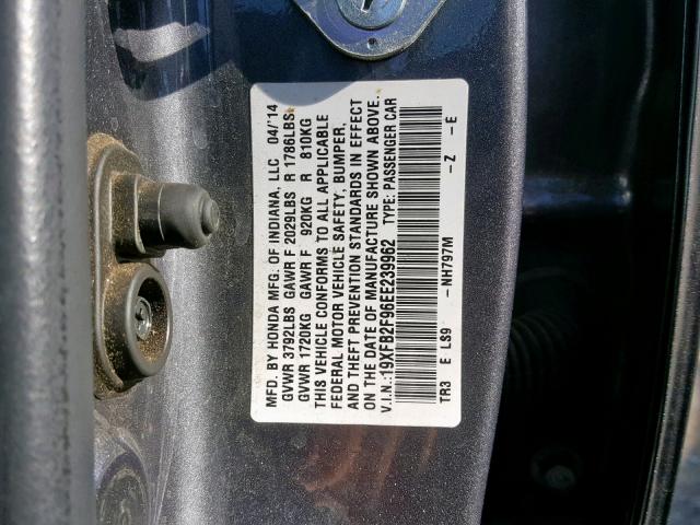 19XFB2F96EE239962 - 2014 HONDA CIVIC EXL CHARCOAL photo 10