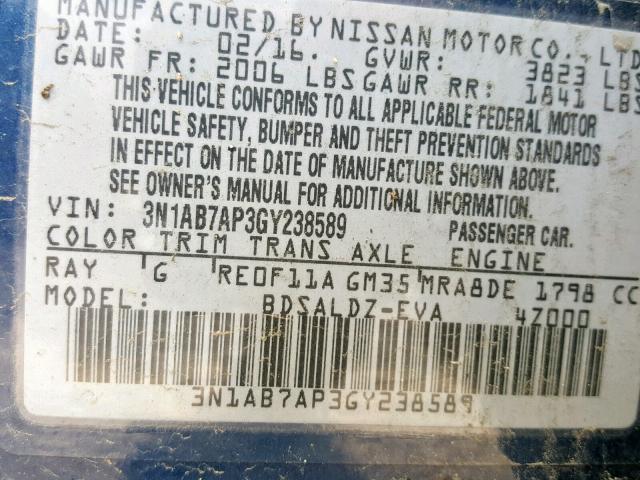 3N1AB7AP3GY238589 - 2016 NISSAN SENTRA S BLUE photo 10