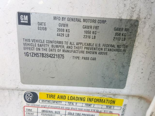 1G1ZH57B284221875 - 2008 CHEVROLET MALIBU 1LT 白色 照片 10