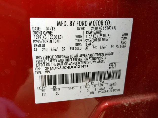 2FMDK3JC4DBC21431 - 2013 FORD EDGE SEL BURGUNDY photo 10