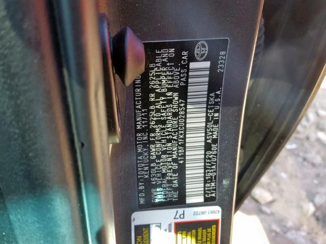 4T1BF1FKXCU028547 - 2012 TOYOTA CAMRY BASE 灰色 照片 10