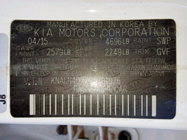 KNALN4D77G5201076 - 2016 KIA CADENZA LU WHITE photo 10