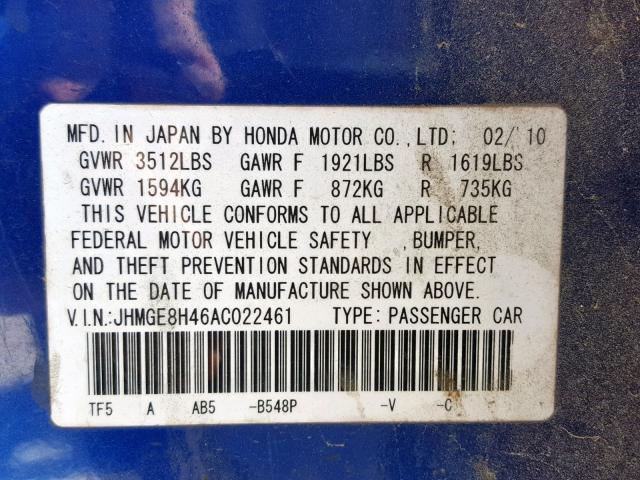 JHMGE8H46AC022461 - 2010 HONDA FIT SPORT BLUE photo 10