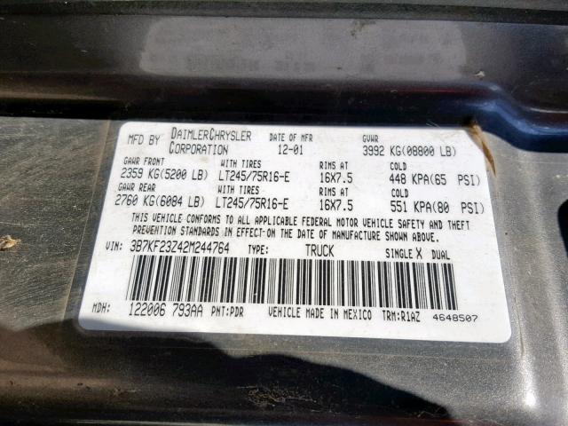 3B7KF23Z42M244764 - 2002 DODGE RAM 2500 GRAY photo 10