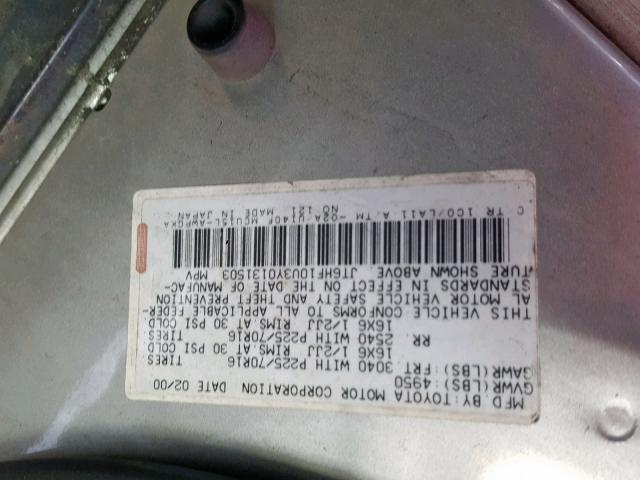 JT6HF10U3Y0131503 - 2000 LEXUS RX 300 GRAY photo 10