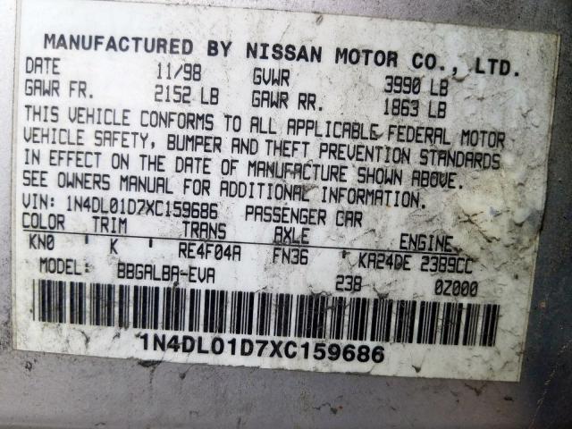 1N4DL01D7XC159686 - 1999 NISSAN ALTIMA XE  photo 10