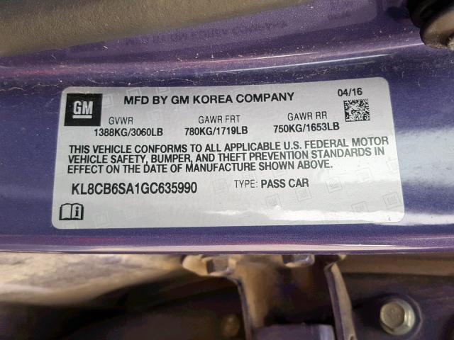 KL8CB6SA1GC635990 - 2016 CHEVROLET SPARK LS PURPLE photo 10