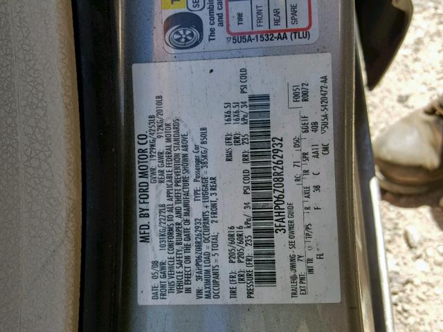 3FAHP06Z08R262932 - 2008 FORD FUSION S SILVER photo 10