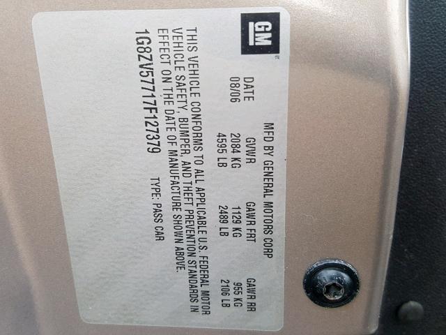 1G8ZV57717F127379 - 2007 SATURN AURA XR BEIGE photo 10