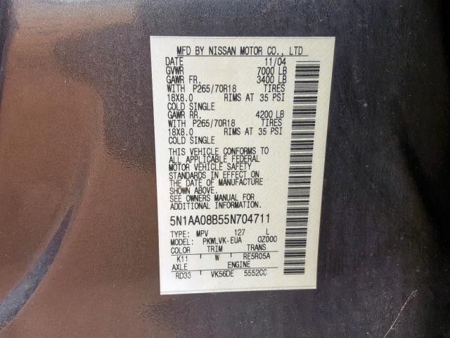 5N1AA08B55N704711 - 2005 NISSAN ARMADA SE GRAY photo 10