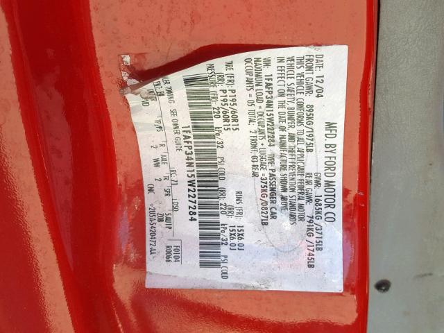 1FAFP34N15W227284 - 2005 FORD FOCUS ZX4 RED photo 10