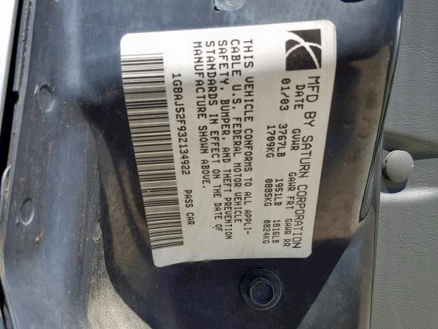 1G8AJ52F93Z134922 - 2003 SATURN ION LEVEL SILVER photo 10