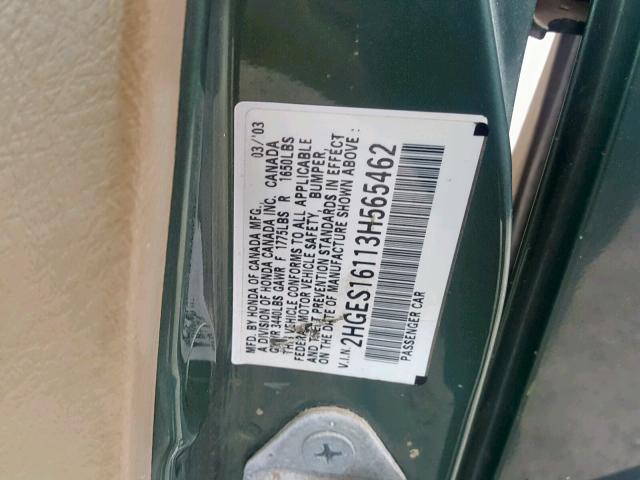 2HGES16113H565462 - 2003 HONDA CIVIC DX GREEN photo 10