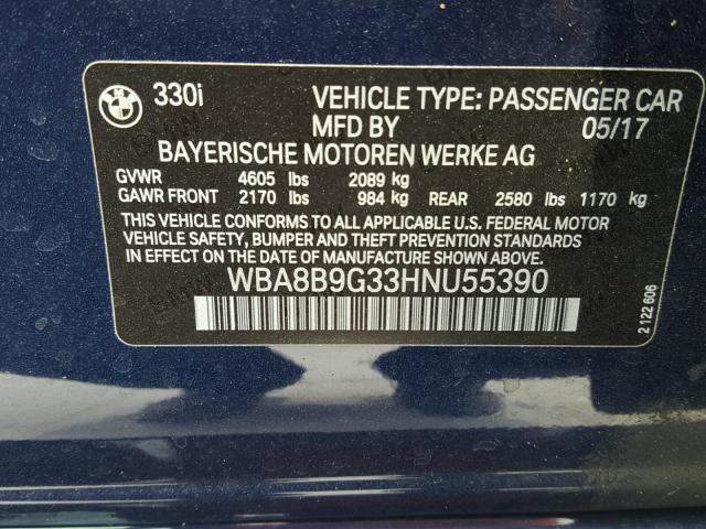 WBA8B9G33HNU55390 - 2017 BMW 330 I BLUE photo 10