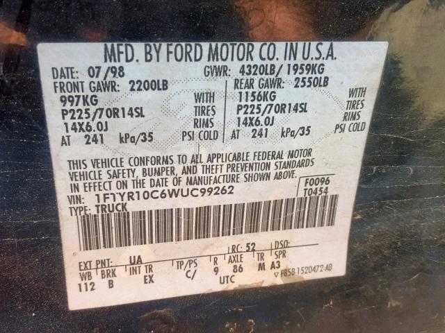 1FTYR10C6WUC99262 - 1998 FORD RANGER BLACK photo 10