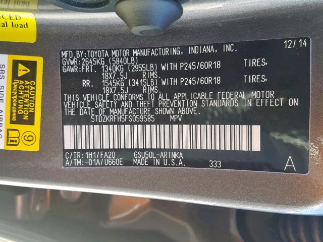 5TDZKRFH5FS059585 - 2015 TOYOTA HIGHLANDER CHARCOAL photo 10