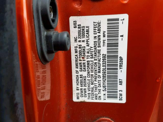 5J6YH28593L032692 - 2003 HONDA ELEMENT EX ORANGE photo 10