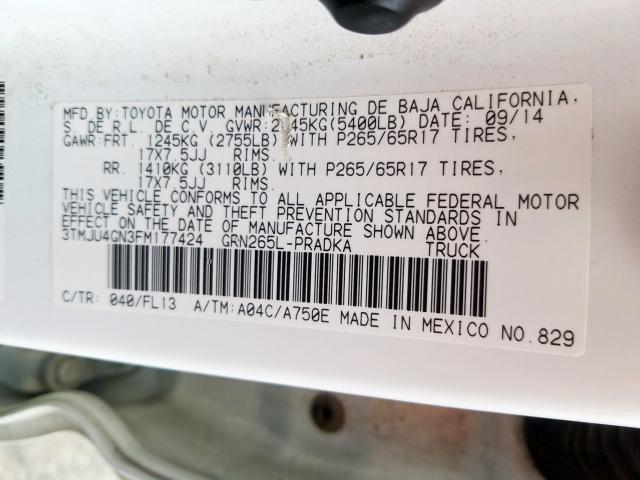 3TMJU4GN3FM177424 - 2015 TOYOTA TACOMA DOUBLE CAB PRERUNNER  photo 10