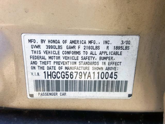 1HGCG5679YA110045 - 2000 HONDA ACCORD GOLD photo 10