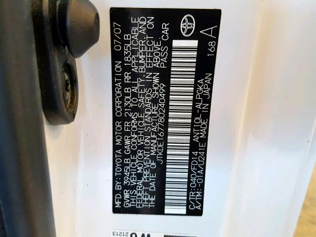 JTKDE167780240499 - 2008 TOYOTA SCION TC WHITE photo 10