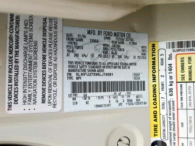 5LMFU27596LJ19581 - 2006 LINCOLN NAVIGATOR Crème photo 10