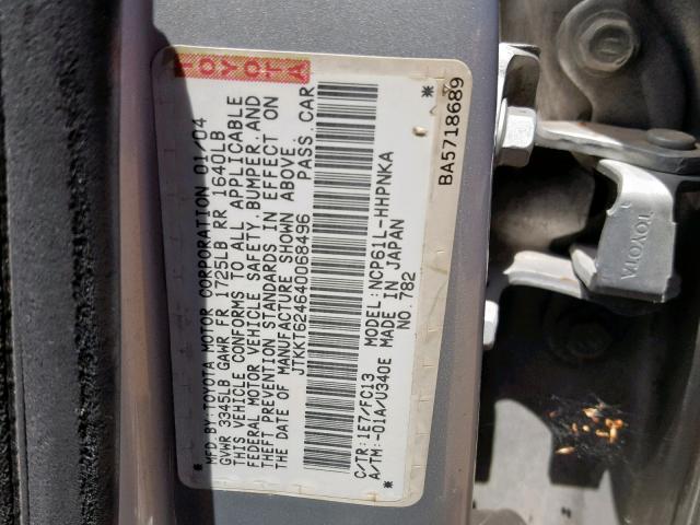 JTKKT624640068496 - 2004 TOYOTA SCION XA SILVER photo 10