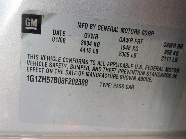 1G1ZH57B08F202388 - 2008 CHEVROLET MALIBU 1LT 银色 照片 10