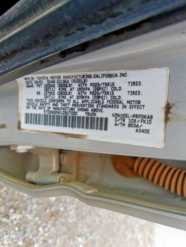 5TEGN92NX1Z827020 - 2001 TOYOTA TACOMA DOUBLE CAB PRERUNNER  photo 10