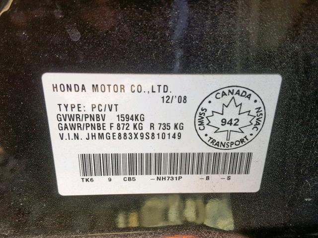 JHMGE883X9S810149 - 2009 HONDA FIT DX-A BLACK photo 10