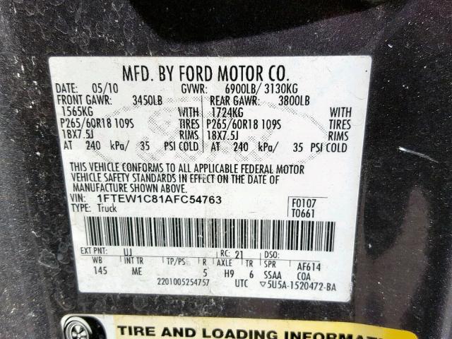 1FTEW1C81AFC54763 - 2010 FORD F150 SUPER GRAY photo 10