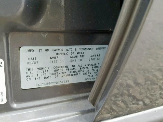 KL1TD56677B151689 - 2007 CHEVROLET AVEO BASE Сұр фото 10