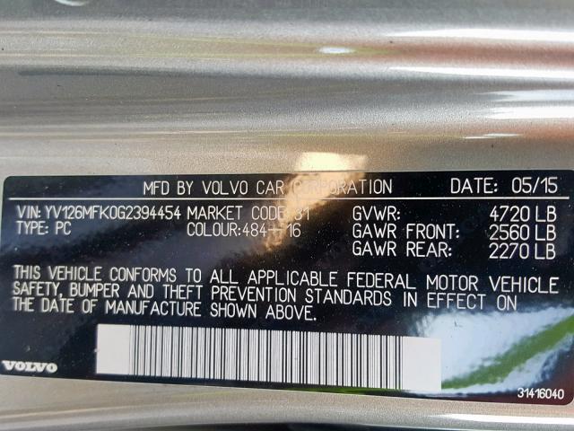 YV126MFK0G2394454 - 2016 VOLVO S60 PREMIE SILVER photo 10